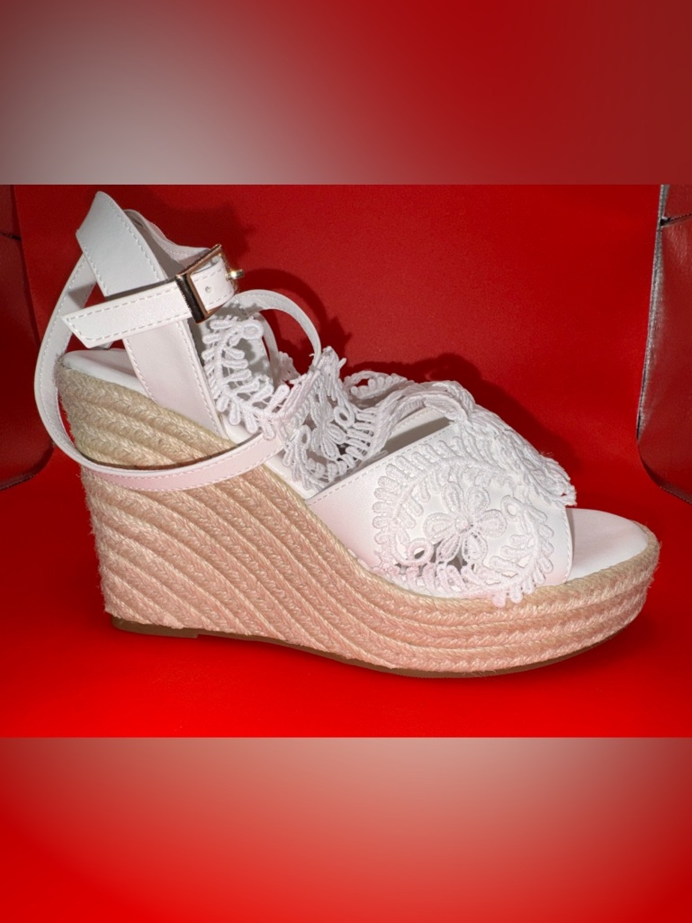 White Lace Espadrille Wedge Sandals 6.5 🤍 Elegant Ankle Wrap Floral Summer Heels